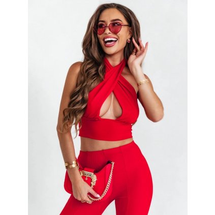Červený top s překřížením - krátký croptop holá záda