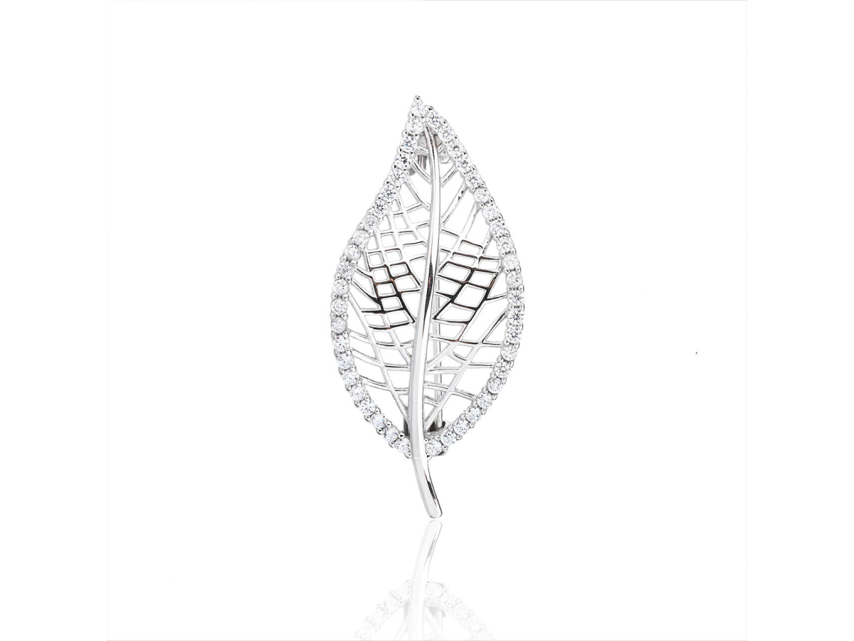 14172 Stribrna broz listek list listecek ciry kamen bily zirkon sperky BEALIO