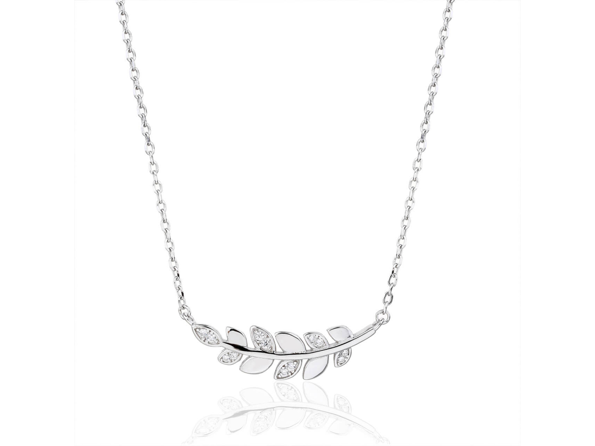 14088 Stribrny nahrdelnik listecky vetev ratolest ciry kamen bily zirkon sperky BEALIO