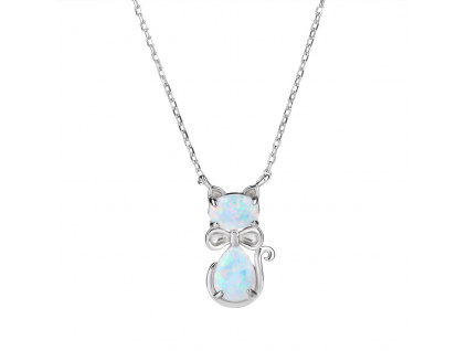 11506 stříbrný náhrdelník kočka kámen bílý opál šperky BEALIO