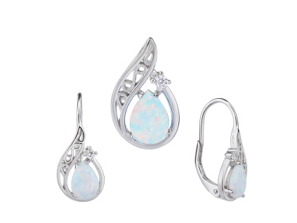 3577 09758 stribrna souprava nausnice klasicky patent a privesek slza kapka bily kamen opal sperky bealio