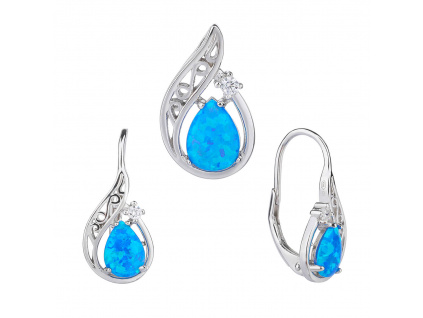 09759 stříbrná souprava náušnice klasický patent a přívěsek slza kapka modrý kámen opál šperky BEALIO