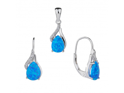 07999 stříbrná souprava náušnice klasický patent a přívěsek slza kapka modrý kámen opál šperky BEALIO