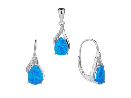 3583 07999 stribrna souprava nausnice klasicky patent a privesek slza kapka modry kamen opal sperky bealio