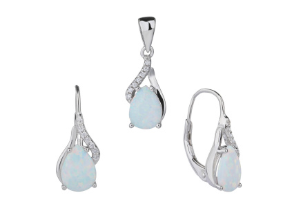 3586 3586 3586 07998 stribrna souprava nausnice klasicky patent a privesek slza kapka bily kamen opal sperky bealio