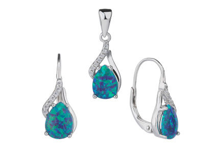 3589 6 3589 6 10097f stribrna souprava nausnice klasicky patent a privesek slza kapka zeleny kamen opal sperky bealio