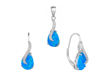 3592 3592 09839 stribrna souprava nausnice klasicky patent a privesek slza kapka vlnka modry kamen opal sperky bealio