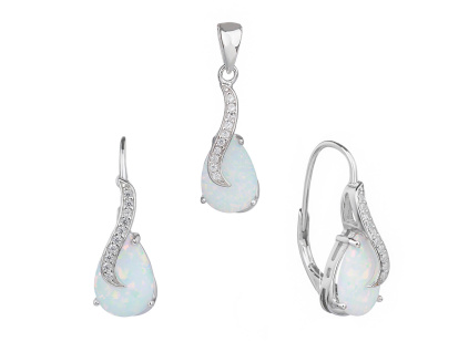 3595 3595 3595 09837 stribrna souprava nausnice klasicky patent a privesek slza kapka vlnlka bily kamen opal sperky bealio