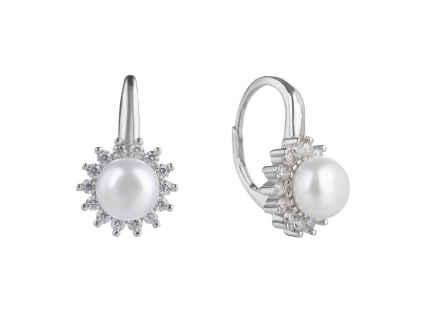 08257 Stříbrné náušnice pro ženy kámen bílý zirkon bílá říční perla slunce šperky BEALIO
