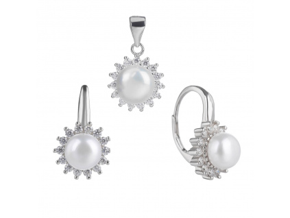 08258 Stříbrná souprava pro ženy náušnice s přívěskem kámen bílý zirkon bílá říční perla slunce šperky BEALIO