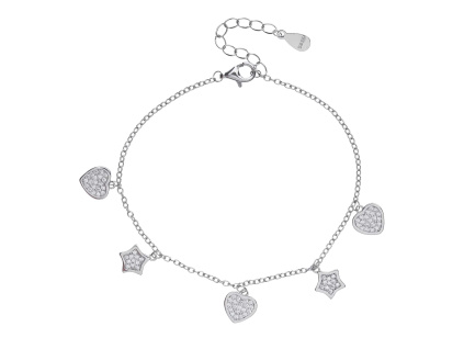 Stříbrný náramek SRDCE A HVĚZDA zirkon (Délka náramku 16+3 cm)