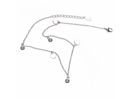 Stříbrný řetízek na nohu SRDCE zirkon (Délka náramku 24+3 cm)