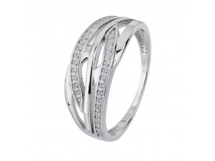 09525 Stříbrný prsten vlnky ornament bílý kámen čirý zirkon šperky BEALIO