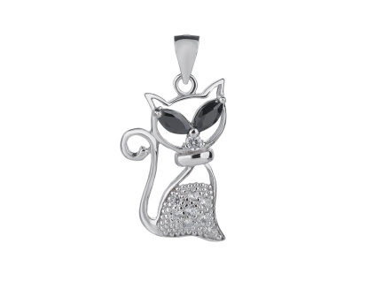 02044 Stříbrný přívěsek kočka čirý kámen černý zirkon onyx šperky BEALIO