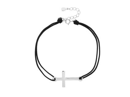 Stříbrný náramek KŘÍŽ shamballa provázek (Délka náramku 17+3 cm)