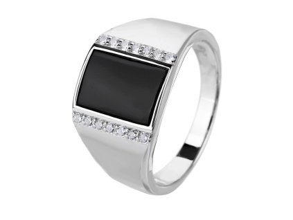07742 Stříbrný prsten pečetní pro pány mužský černý onyx čirý kámen bílý zirkon šperky BEALIO