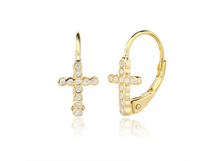 6240 6240 13404 stribrne nausnice zlato pozlacene yellow kriz krizek klasicky pevny patent ciry kamen bily zirkon sperky bealio