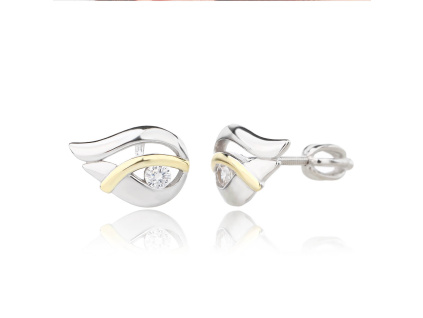 13679 Stříbrné náušnice pecky šroubek ornament oko zlacené yellow čirý kámen bílý zirkon šperky BEALIO