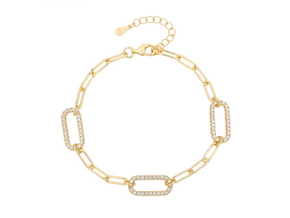 13892 Stribrny naramek pozlaceny zlaceny 14K zlatem ovalky retez retizek ciry kamen bily zirkon sperky BEALIO