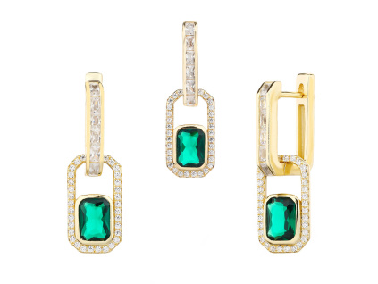 13900 Stribrne nausnice visaci zlacene 14K zlatem smaragd ciry zeleny bily kamen zirkon francouzske zapinani sperky BEALIO