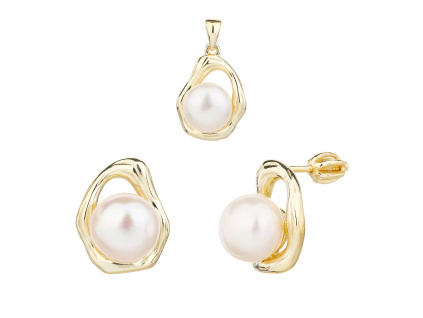 13912 Stribrna souprava ornament kamen ricni perla bila zlaceno 14K zlatem zlacene pecky sroubek sperky BEALIO