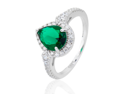 13798 Stribrny prsten kapka kapicka smaragd ciry kamen bily zeleny zirkon sperky BEALIO