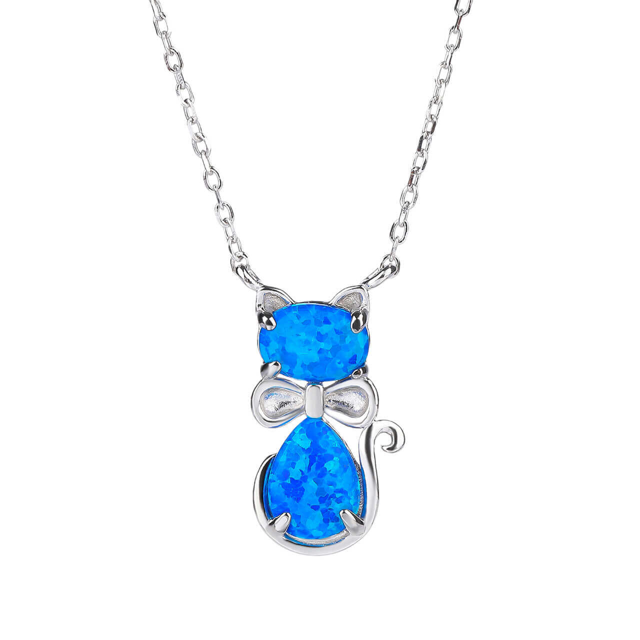 Stříbrný náhrdelník KOČKA modrý OPÁL Délka řetízku: 40+5 cm Ag 925/1000