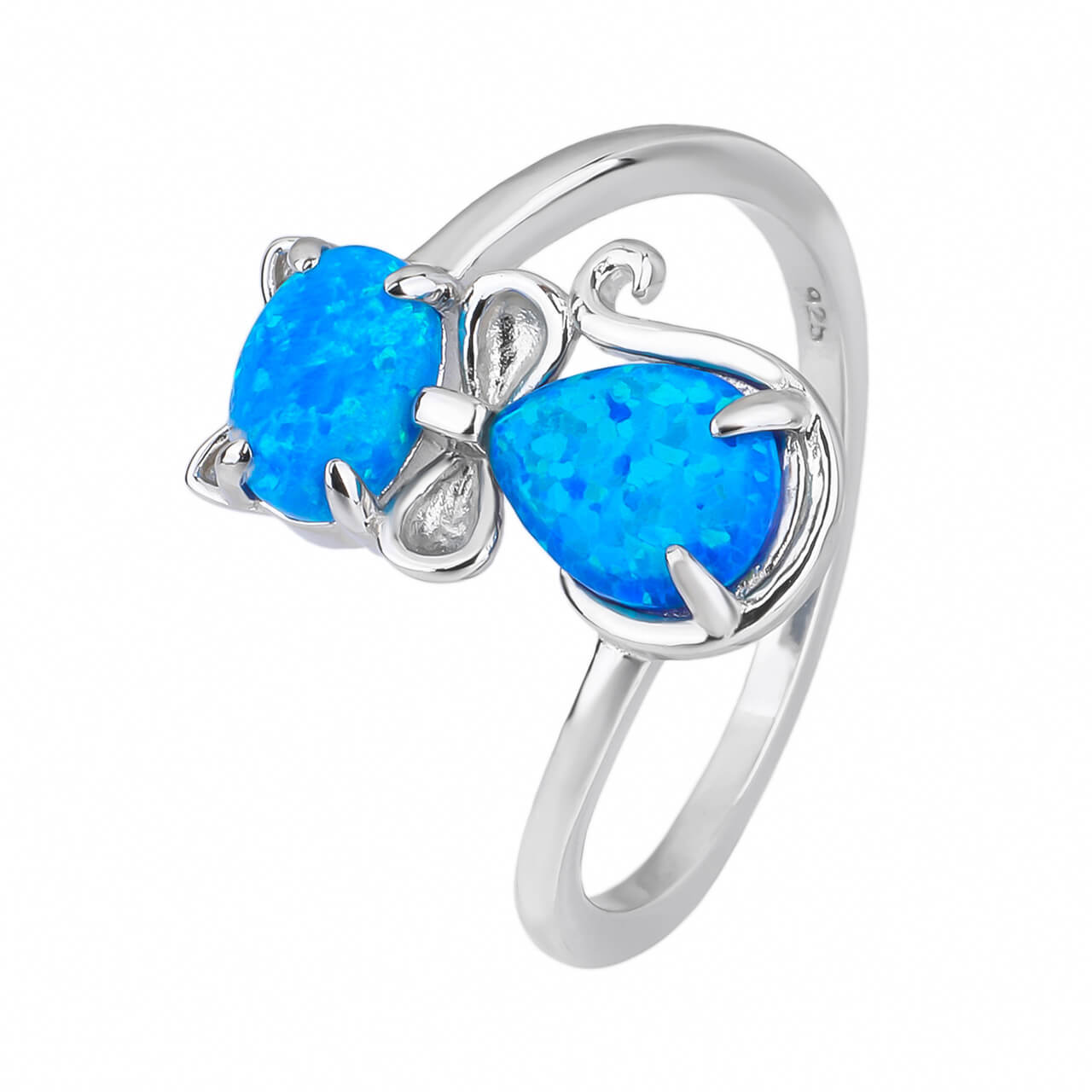 Stříbrný prsten KOČKA modrý OPÁL Velikost prstenu: 54 Ag 925/1000