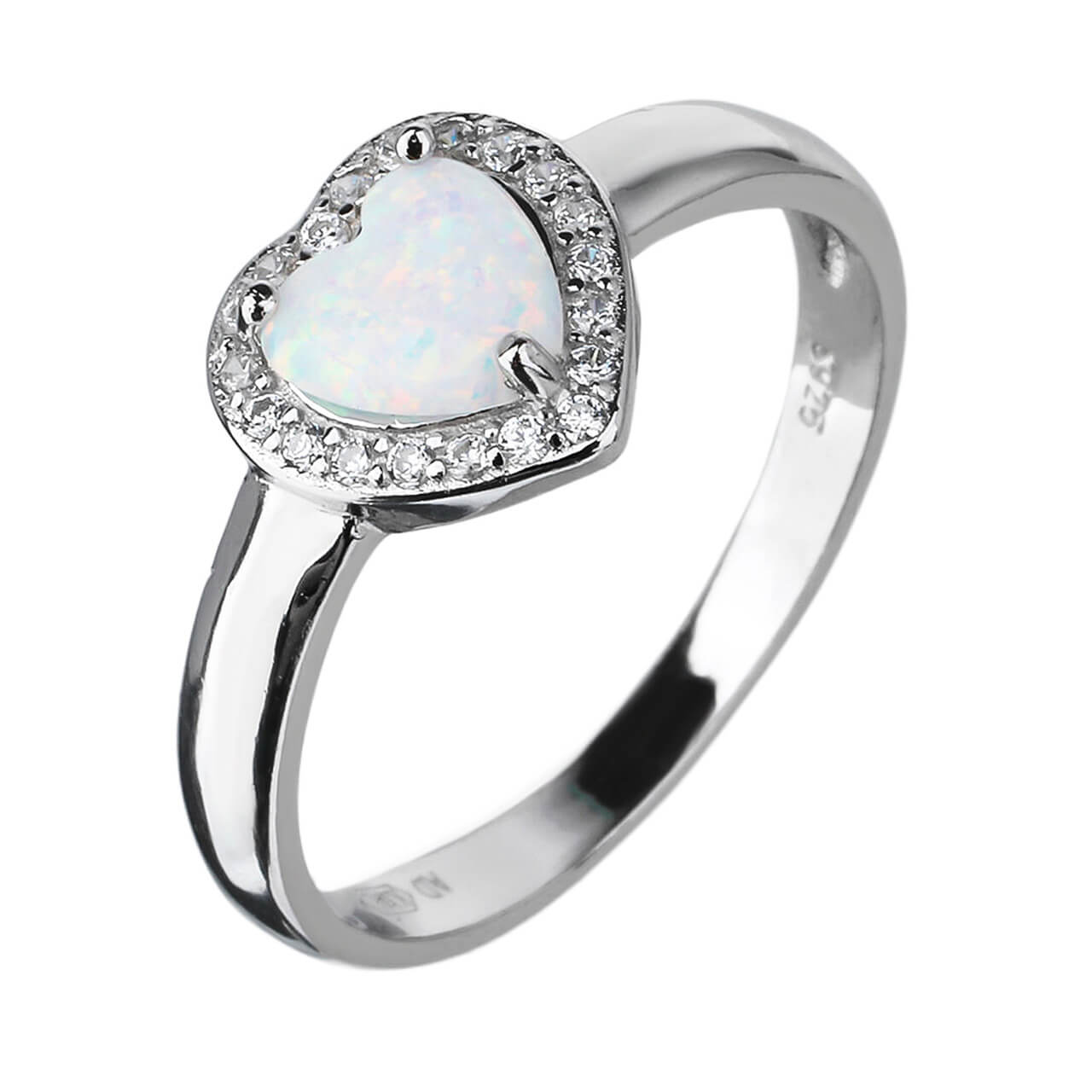 Stříbrný prsten SRDCE bílý OPÁL Velikost prstenu: 52 Ag 925/1000