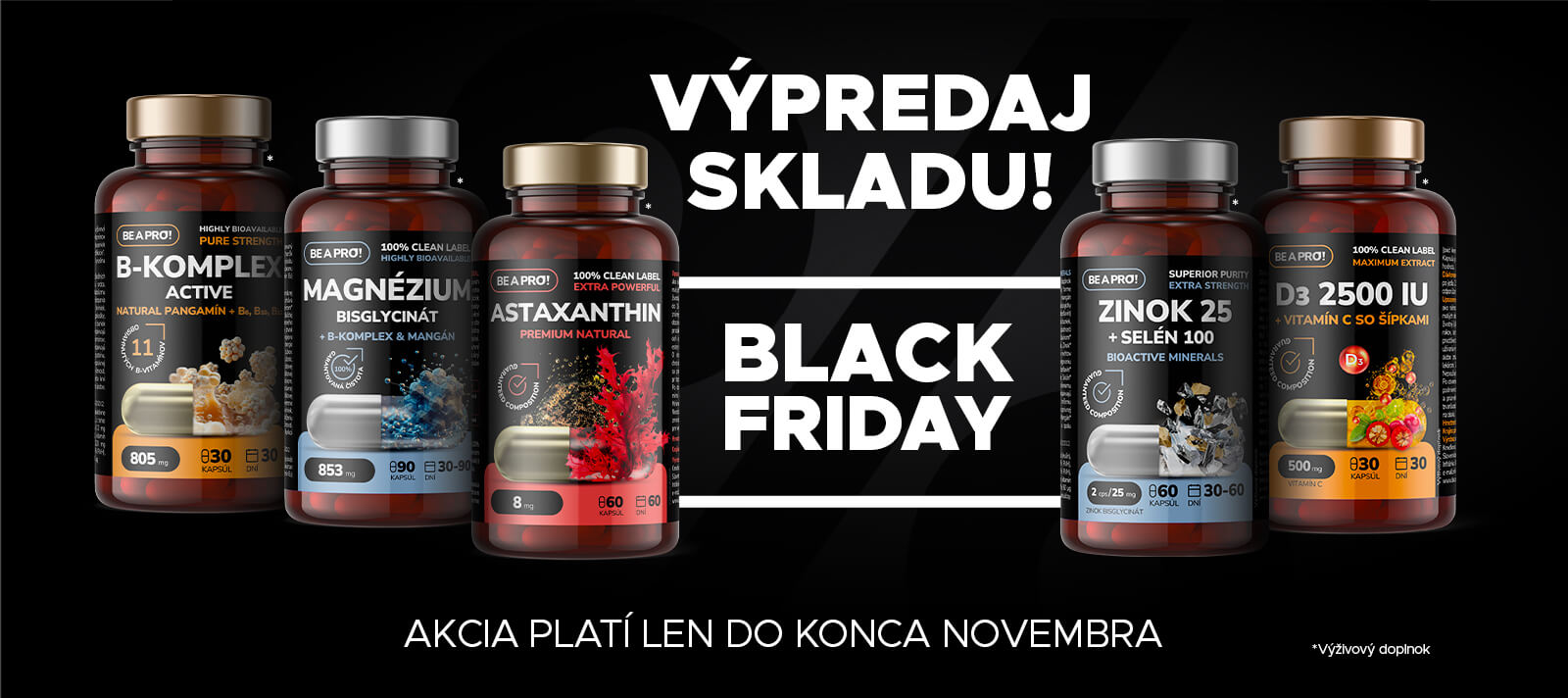 Black Friday výpredaj výživových doplnkov BE A PRO