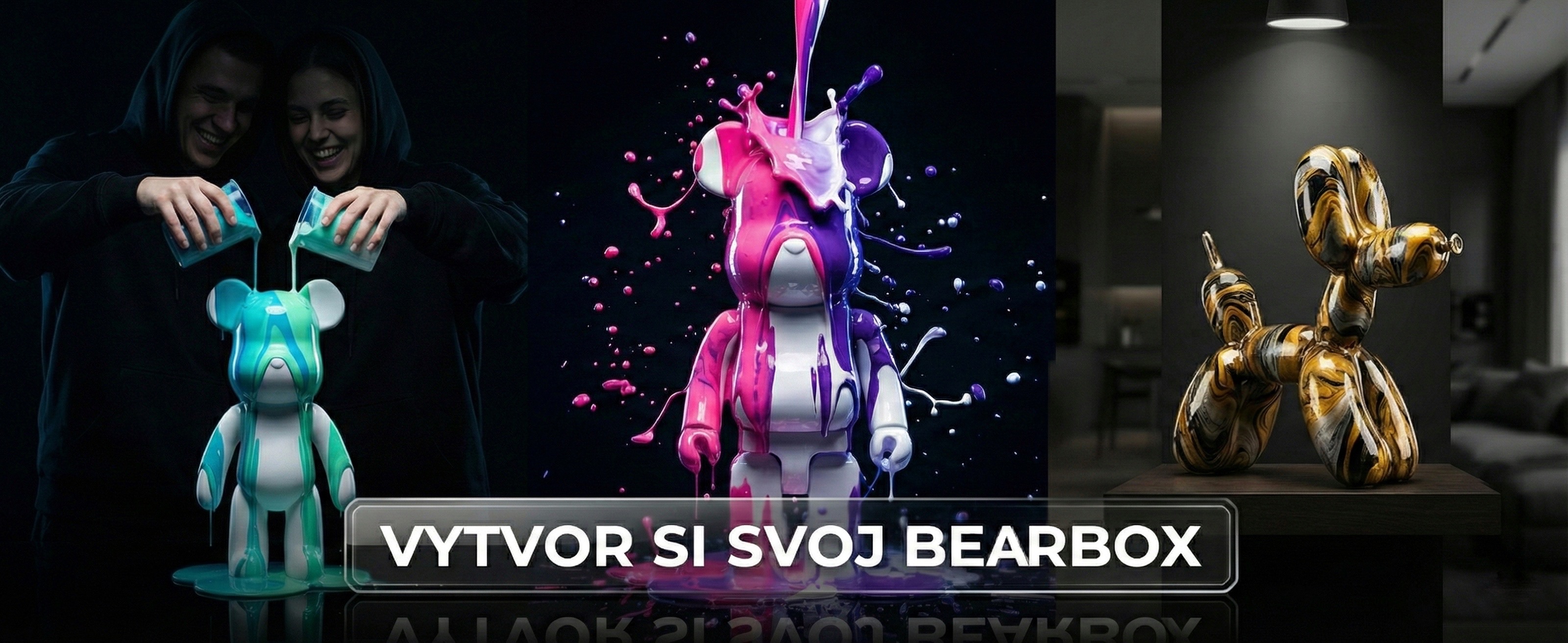 Originálny zážitkový darček pre pár a kreatívna aktivita na rande. Bearbox set na tvorbu dizajnovej figúrky typu Bearbrick a Balloon Dog pomocou fluid art pouring techniky. Jedinečný darček k narodeninám, k výročiu alebo ako štýlová moderná dekorácia do b