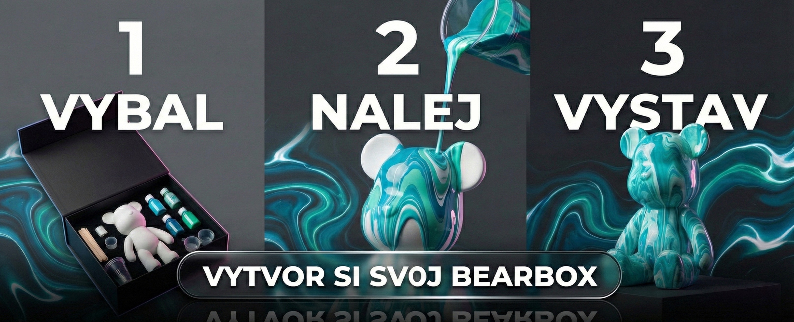 Kreatívna sada na domáce tvorenie Bearbox. Kompletný DIY set na fluid art techniku a maľovanie na medvedíka fluid bear. Súprava obsahuje akrylové farby, figúrku a príslušenstvo na mramorovanie. Ideálny darček pre kreatívcov a milovníkov moderného umenia, 