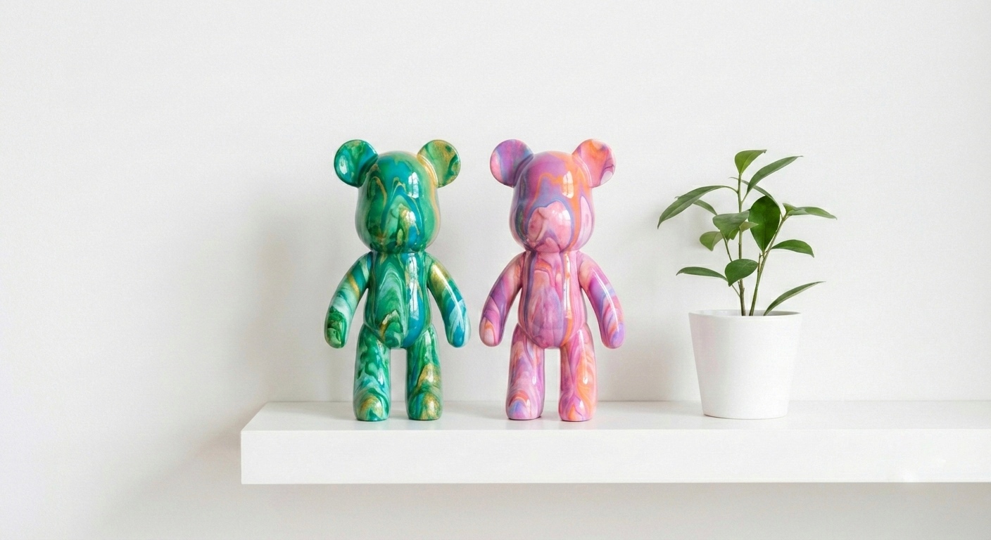 Dve hotové vinylové figúrky vedľa seba v interiéri