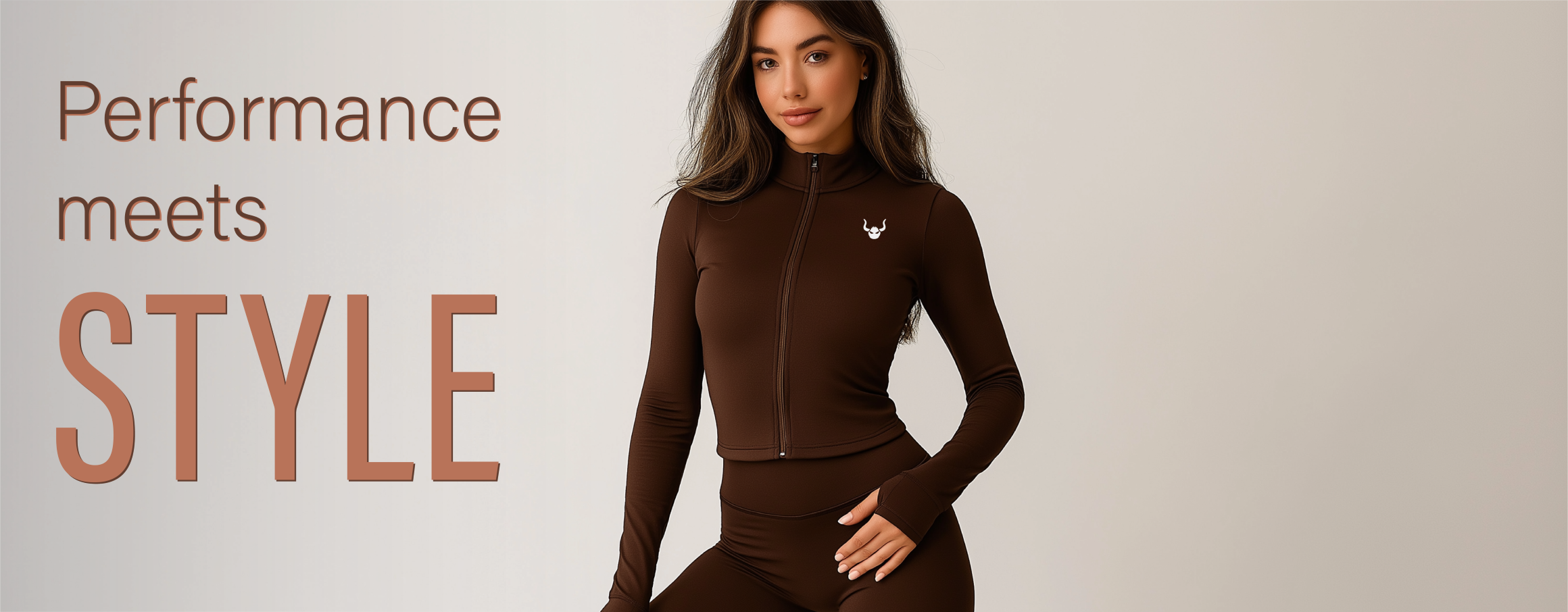 Women's brown sports set presented by a model in a bright minimalist studio; high-quality fitness clothing for women, ideal for training and an active lifestyle.