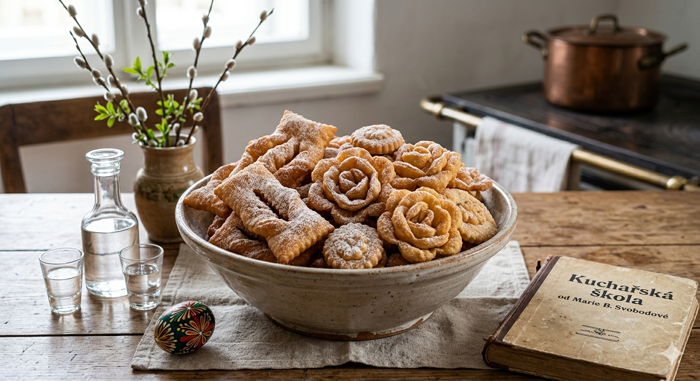 Boží milosti – tradiční velikonoční smažené cukroví s moučkovým cukrem na stole
