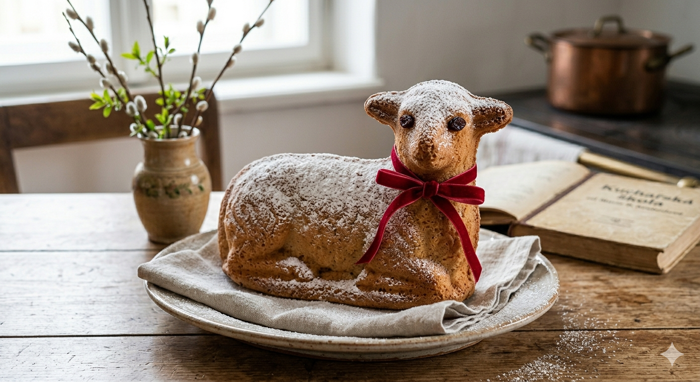 Velikonoční beránek z piškotového těsta s cukrem a mašlí na talíři