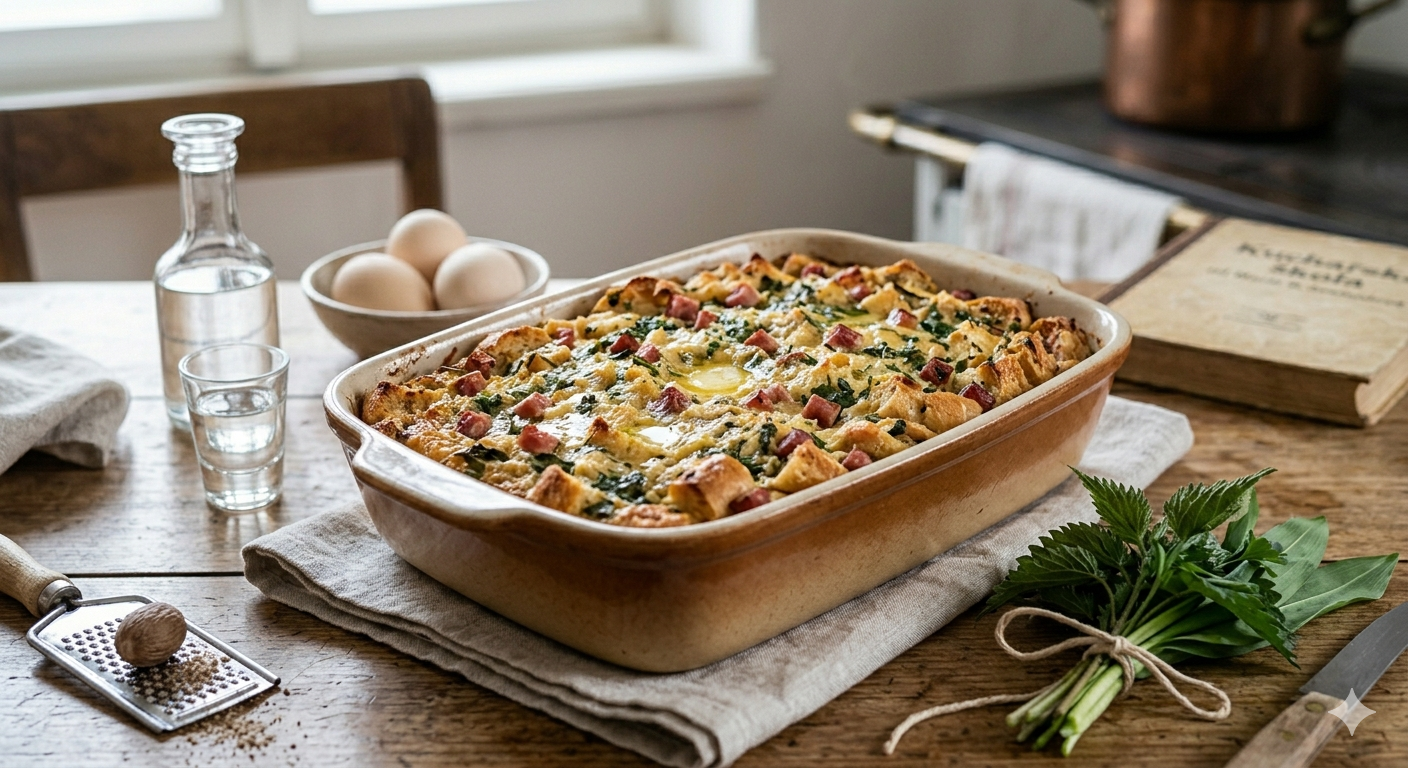 Velikonoční nádivka s kopřivami a uzeným masem upečená v pekáči