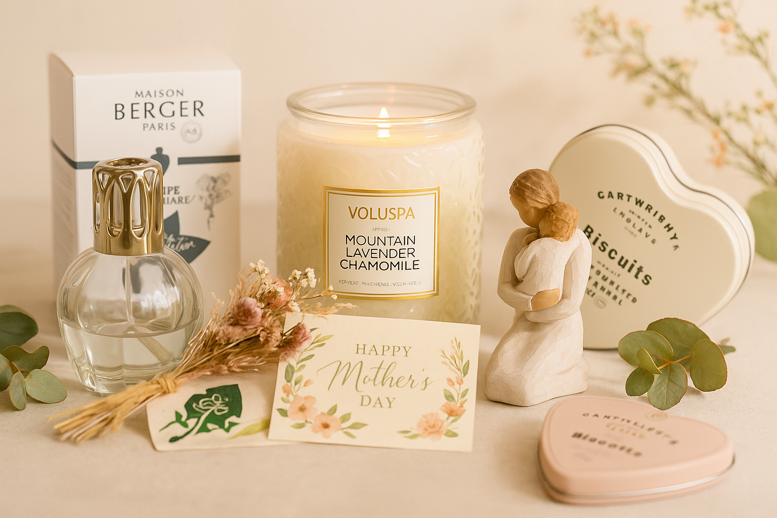 Dárky pro maminku z e-shopu Beauty Home – svíčka Voluspa, katalytická lampa Maison Berger, soška Willow Tree a sušenky Cartwright & Butler