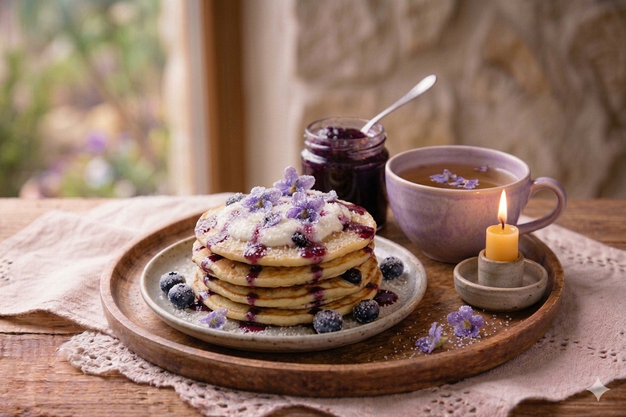 Palačinky s fialkovou marmeládou a jedlými květy jako dezert