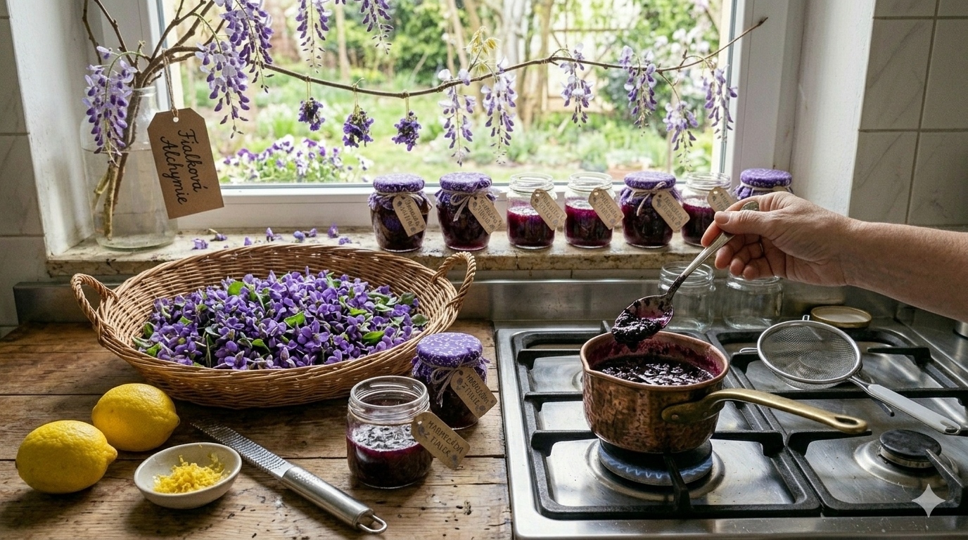 Domácí vaření fialkové marmelády v hrnci v rustikální kuchyni