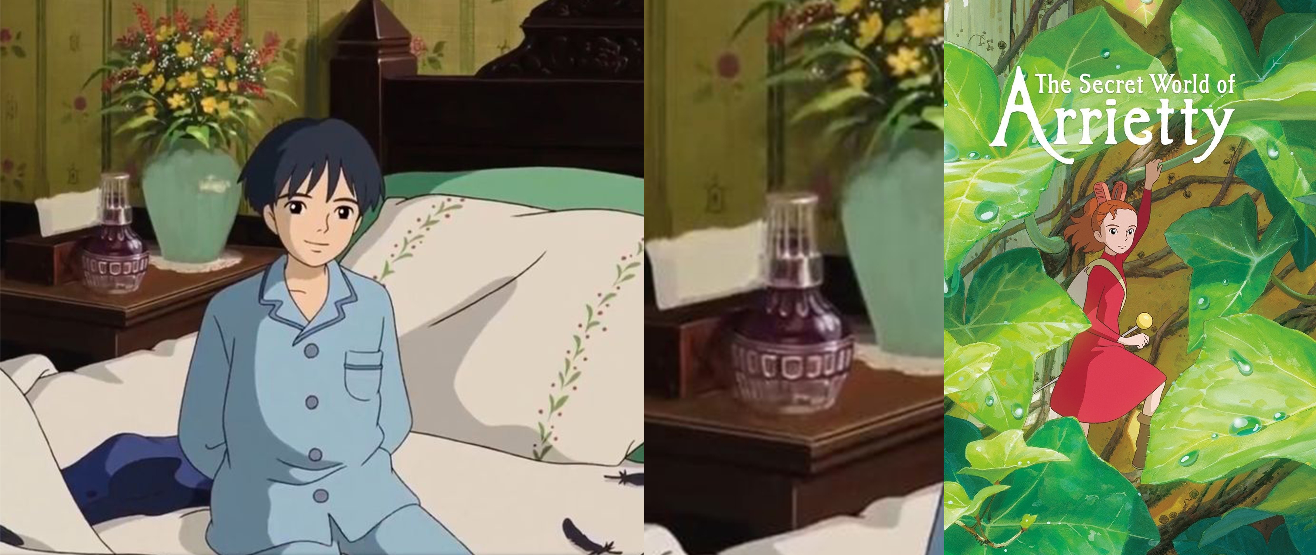 Katalytická lampa ve filmu Arietty od Studia Ghibli – interiér s nočním stolkem a detail lampy
