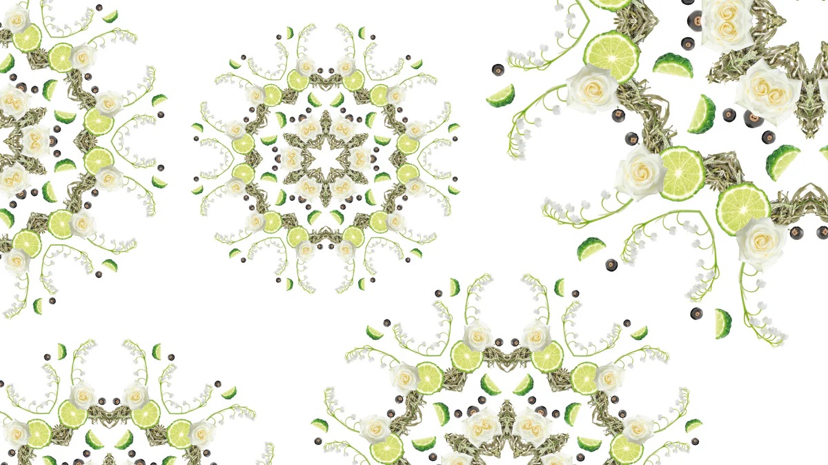 Grafický motiv Pure White Tea – kombinace bílých růží, konvalinek, plátků limetky a bobulí černého rybízu v jemné mandalové kompozici.