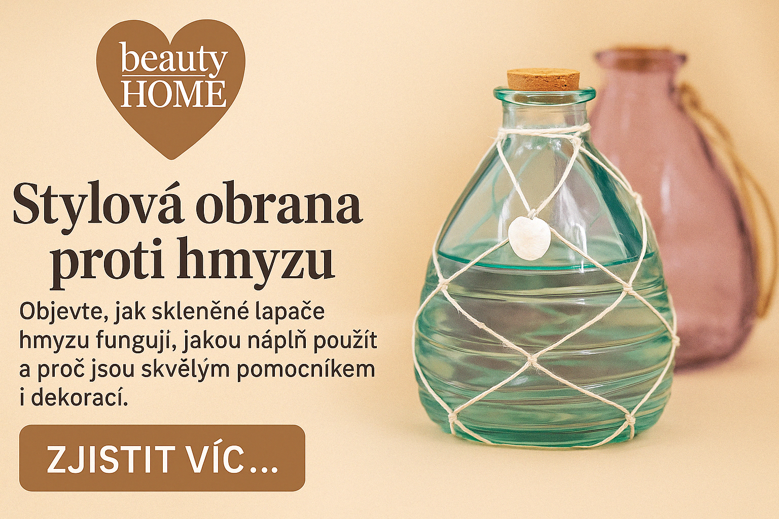 Stylová grafika s logem Beauty Home a skleněným lapačem hmyzu – přírodní ochrana proti vosám a mouchám bez chemie