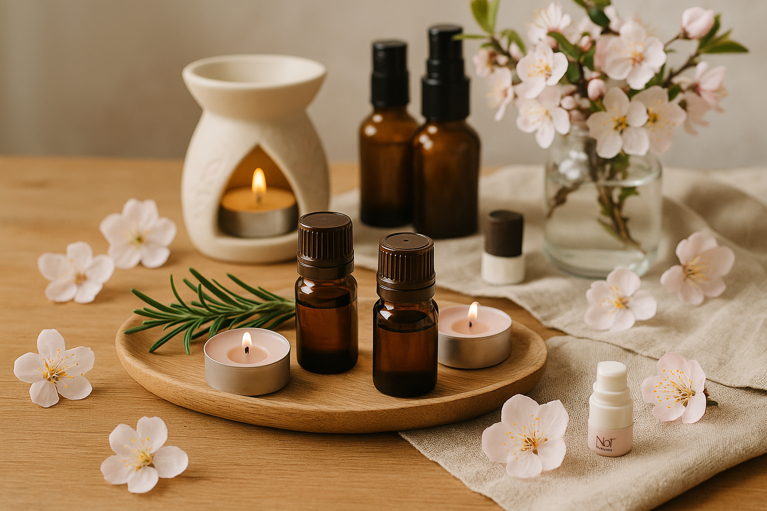 Esenciální oleje, jarní bylinky a aromalampa na dřevěném stole, v jemném světle symbolizujícím přírodní obnovu a relaxaci.