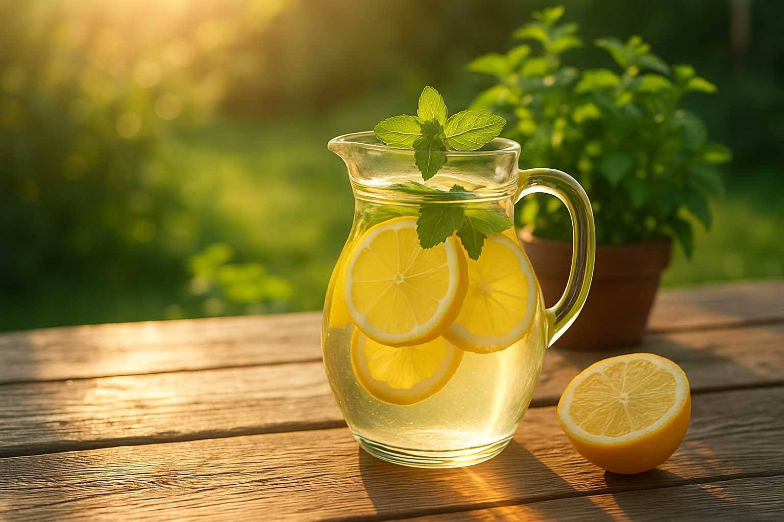 Džbánek vody s plátky citronu a mátou, zalitý slunečním světlem, symbol svěžesti a jarní očisty.
