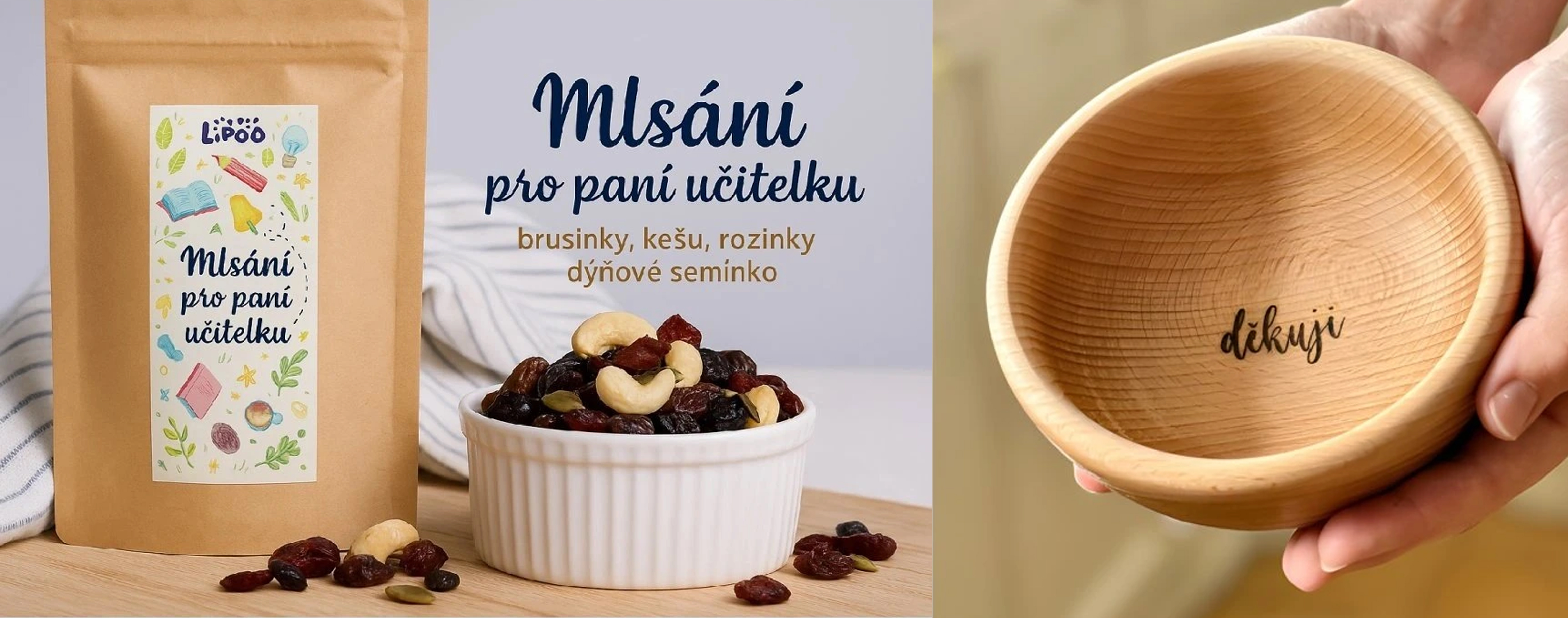 Mlsání pro paní učitelku s dřevěnou miskou s nápisem Děkuji – originální kombinace pro poděkování učitelce