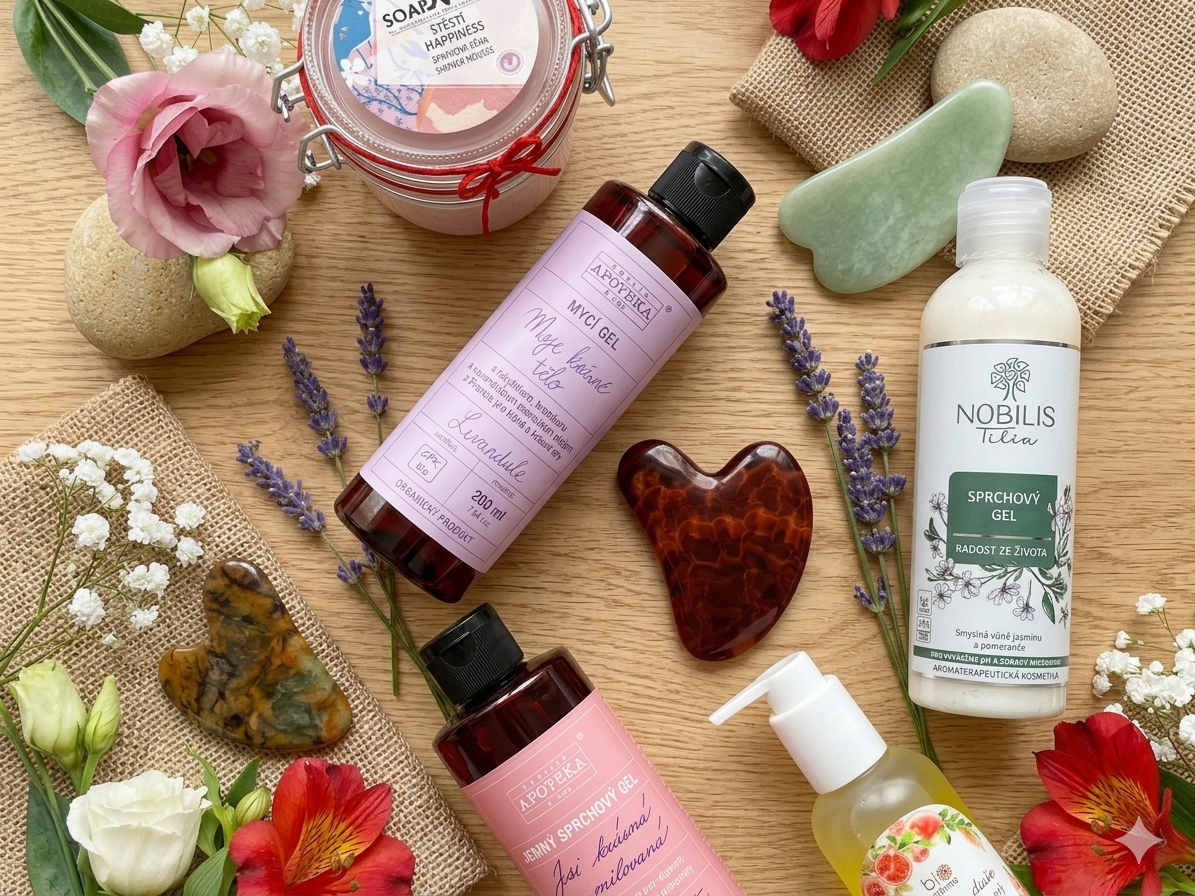 Přírodní kosmetika pro péči o tělo – relaxační self-care rituál s květinami a sprchovými gely