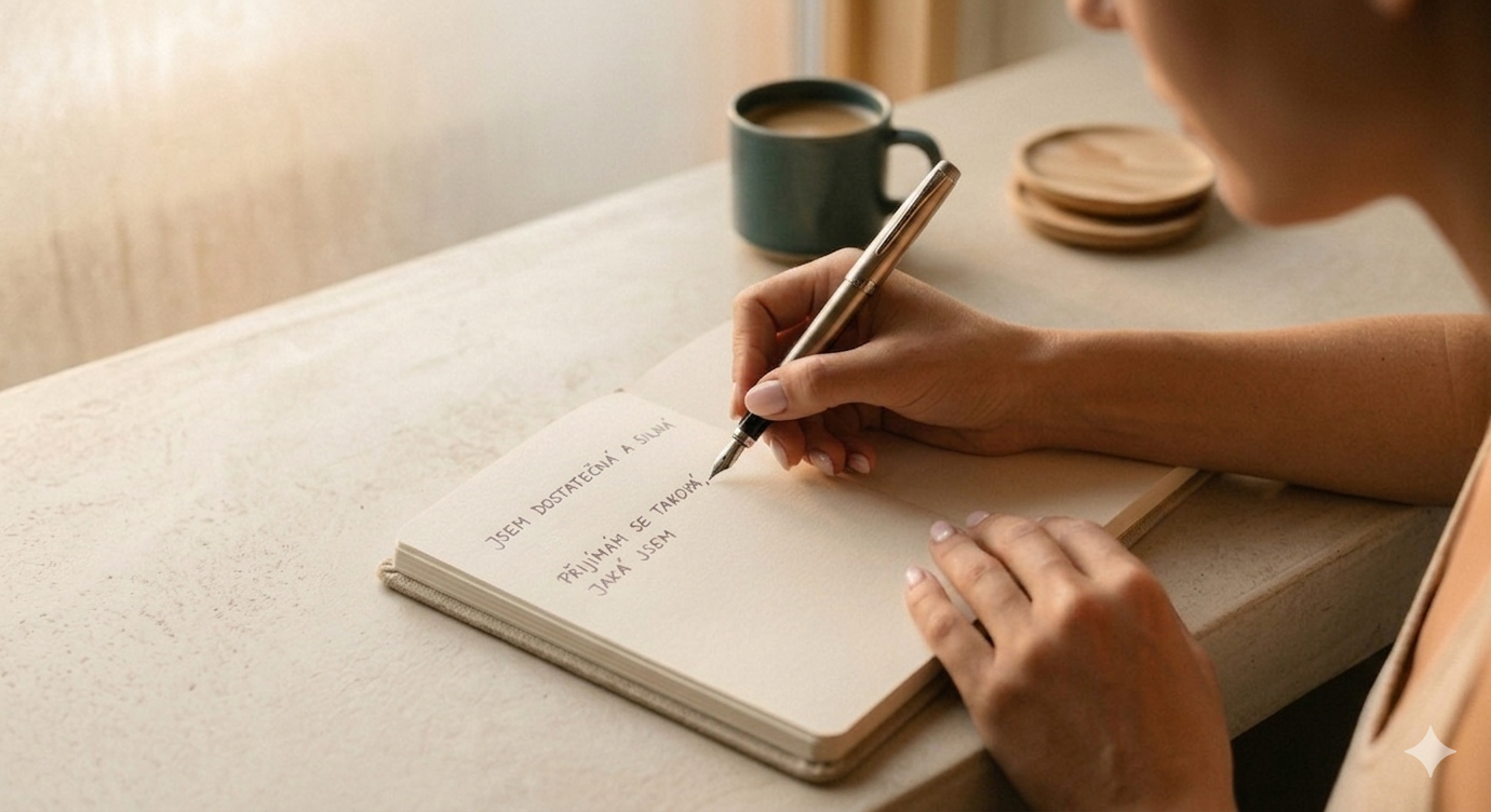 Psaní afirmací do deníku během ranního rituálu péče o sebe