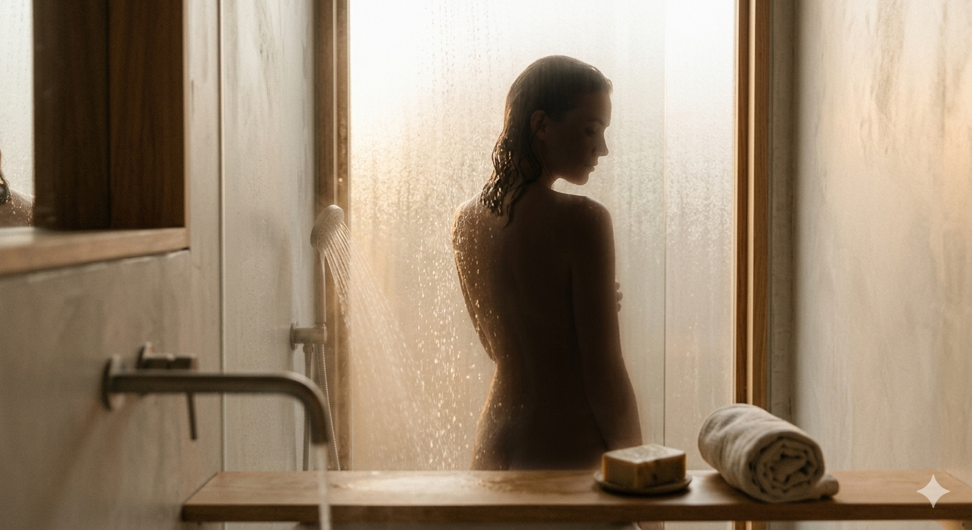 Žena ve sprše při vědomém rituálu péče o tělo v klidné atmosféře