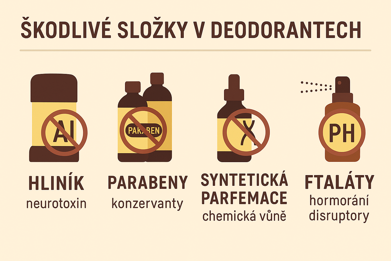 Infografika v češtině se škodlivými látkami v deodorantech – hliník, parabeny, syntetická parfemace a ftaláty.